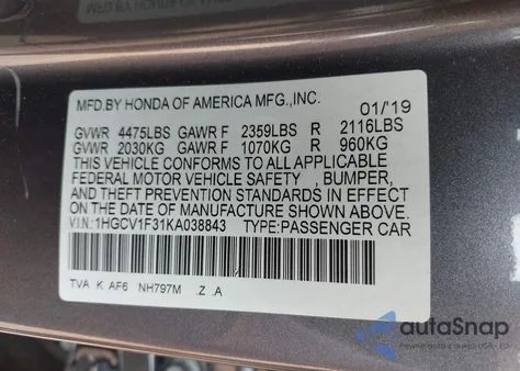 2019 Honda Accord Sport из США, поврежденный, VIN 1HGCV1F31KA038843